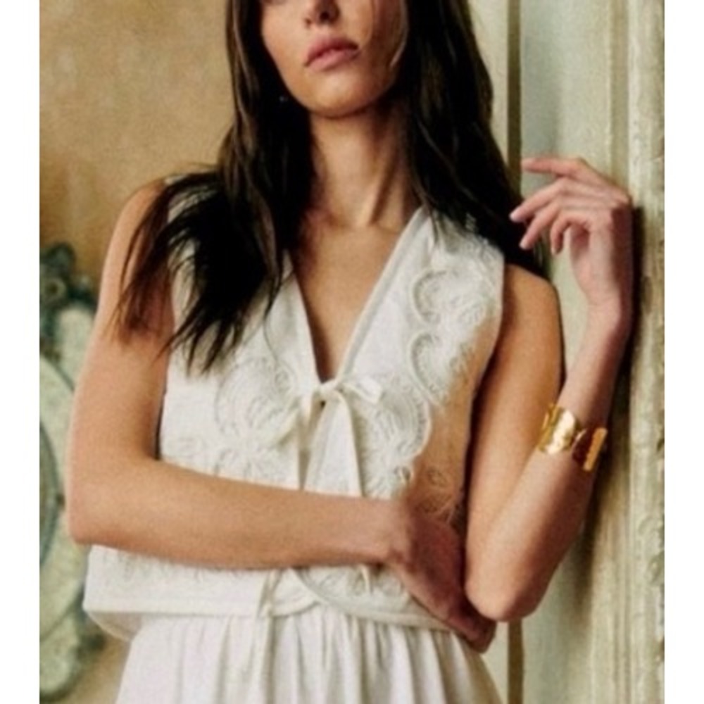 Sezane White Embroidered Lace Tie Front Vest Cotton Linen Boho Small